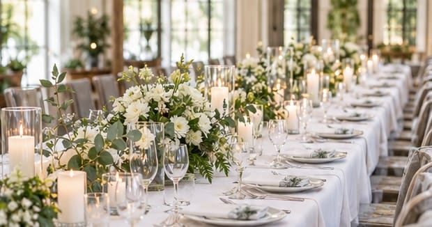 Lange festlich gedeckte Tafel mit weiß-grünen Blumengestecken und Kerzen in Gläsern
