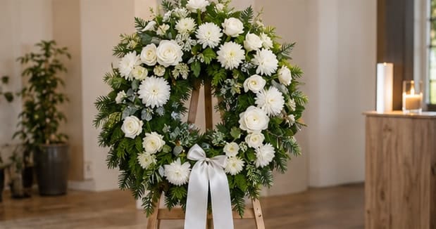 Trauerkranz aus weißen Rosen und Chrysanthemen mit Efeu und Tanne und weißer Schleife auf einem Holzständer