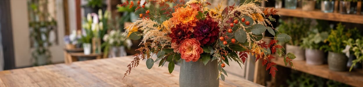 Herbststrauß aus orangen und dunkelroten Dahlien, Hagebutten und Gräsern in einer Keramikvase