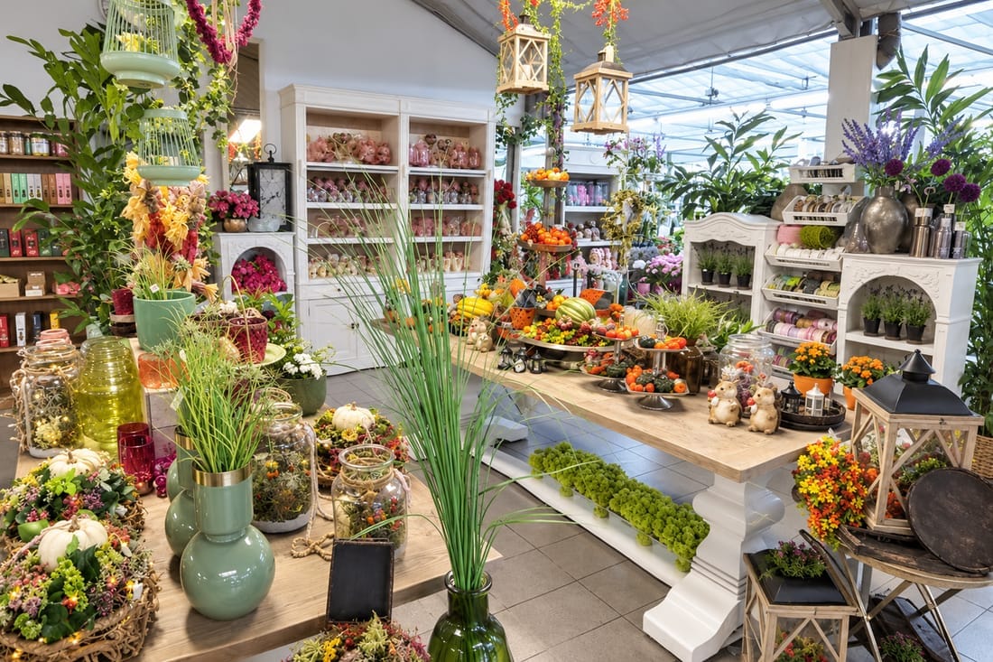 Blick in das Ladengeschäft mit Blumen und Beratungstresen